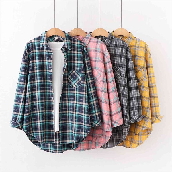 

spring fine loose plaid women blouses art college style casual long sleeve and blusas, White