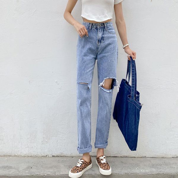 

women's jeans trendy summer women high waist loose washed retro hole long denim pants streetwear female straight wide leg ladies, Blue