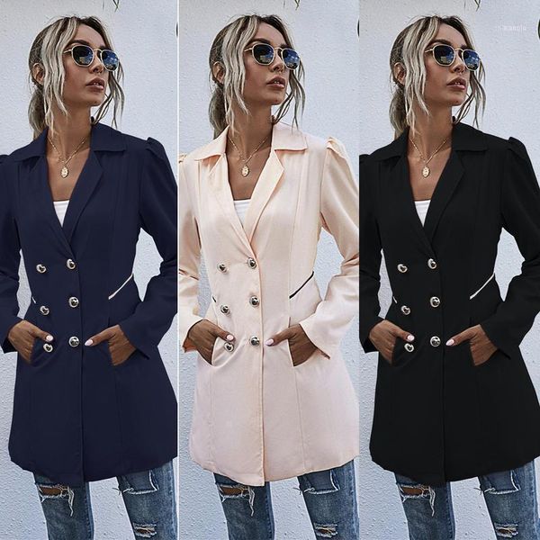 

women plain button high waist long sleeve lapel double-breasted slim coat jacket ladies party business daily trip work outwear1, Black;brown