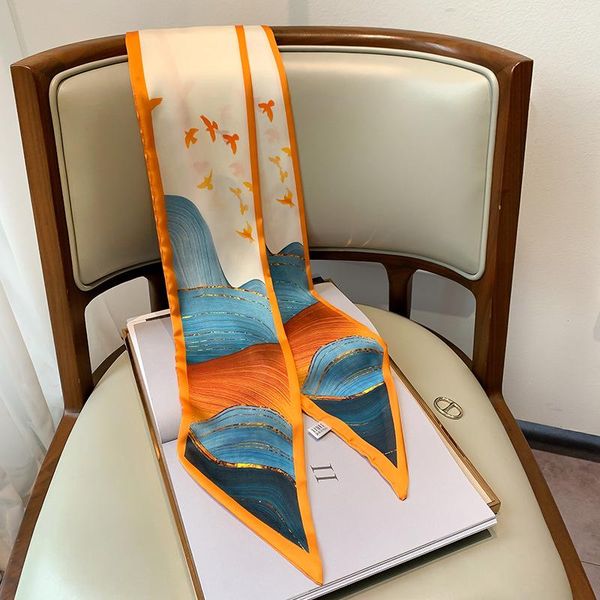 

scarves aesthetic fashion flower printing long silk scarf female literary party travel hair decorative headband tie wrist strap bag, Blue;gray