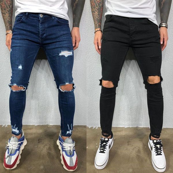 

type of pierced elastic jeans tear men's leg pants 8812, Blue