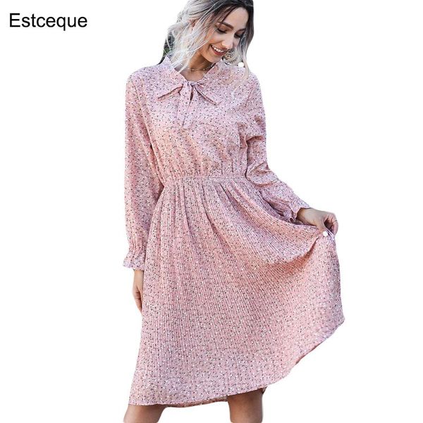 

casual dresses spring 2021 trumpet sleeves women dress elastic waist mid-length chiffon floral pleated autumn bow, Black;gray