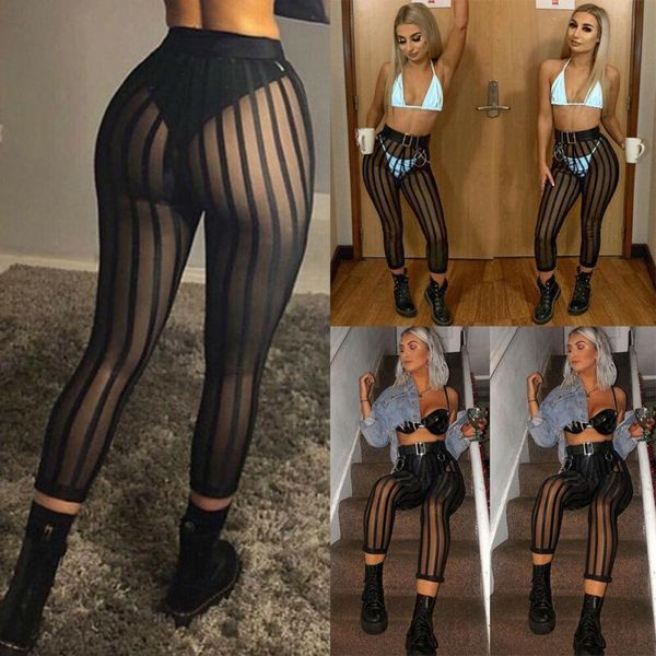 

women's leggings ladies women mesh striped casual perspective pants trousers, Black