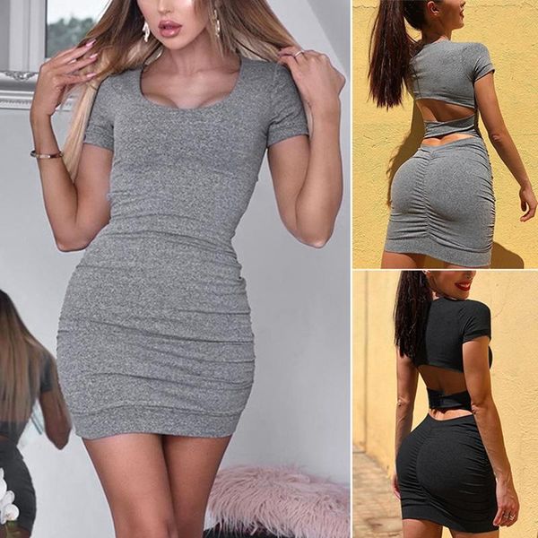 

casual dresses hollow women short sleeve bodycon dress lace up summer high waist, Black;gray