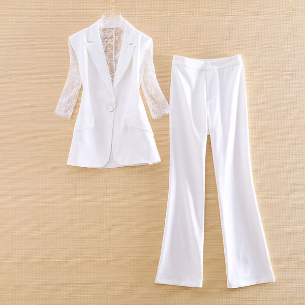 

pants high-end women 2 pieces set fashion stitching lace + bell-bottomed pants elegant lady casual suit female s-xxl, White
