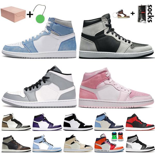 

with box jumpman 1 women mens basketball shoes 1s high og hyper royal shadow light smoke grey digtal pink sneakers, White;red