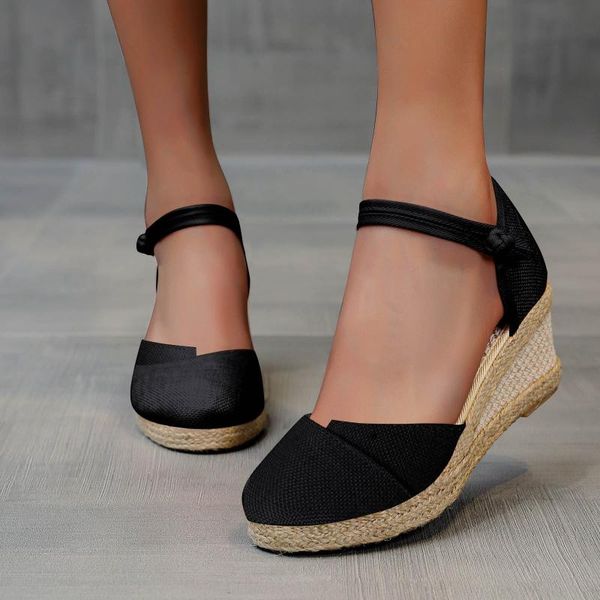 

sandals women's girls comfortable ankle hollow round toe casual shoes breathable slip-on outdoor leisure wedges r5, Black