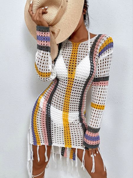 

striped fringe hem knitted cover up g6z7#, White;black