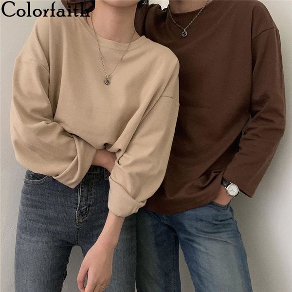 

colorfaith new 2021 women winter spring t-shirt solid 10 colors bottoming basic fashionable minimalist oversize wild t074, White