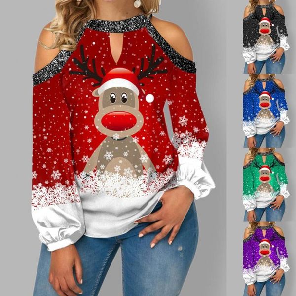 

women's blouses & shirts christmas print off shoulder women blouse autumn halter hollow out long sleeve xmas streetwear for daily wear, White