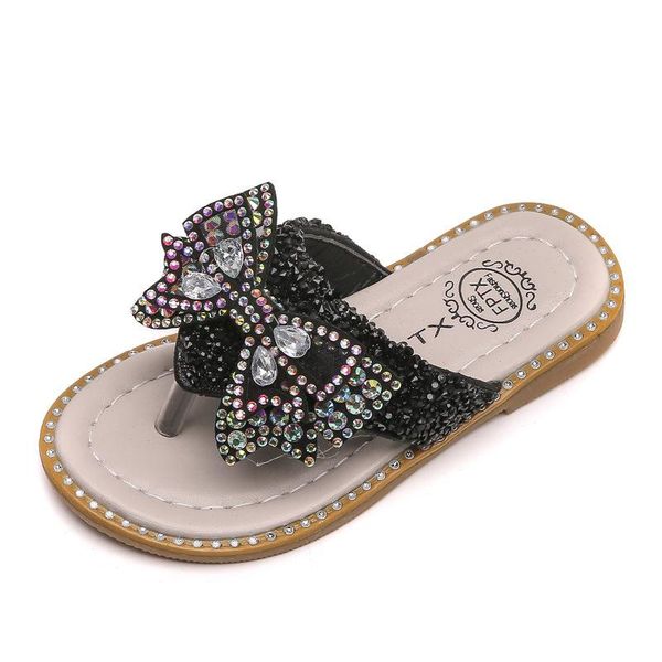 

slipper cnfsnj children' slippers 2021 summer girls bow shiny big one-word princess soft sole 21-35, Black;grey