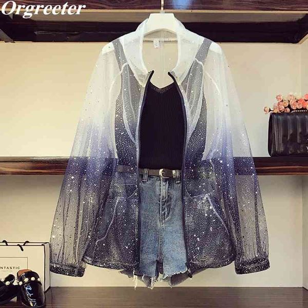 

separately sale 3 piece set women gradient mesh star sequins sunscreen shirt + solid knit vest +high waist denim shorts suits 210331, White