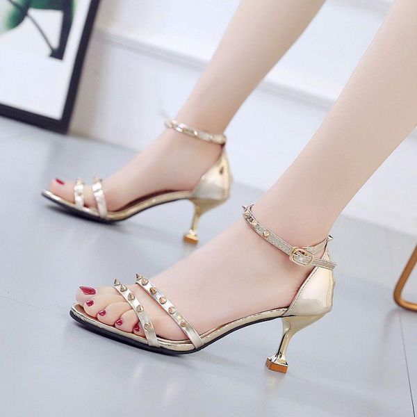 

european summer sandals rivet women's shoes party high heels dress pumps thin heel lady sandalias 6cm/8cm, Black
