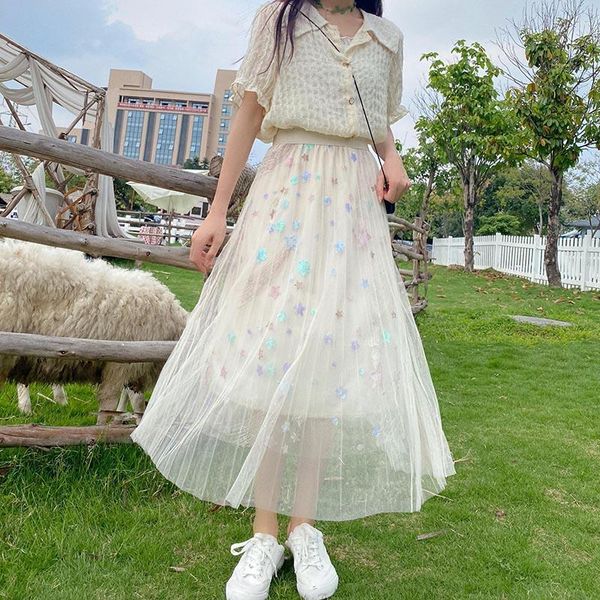 

skirts kawaii gilrs star women sequined mesh shirts femme, Black