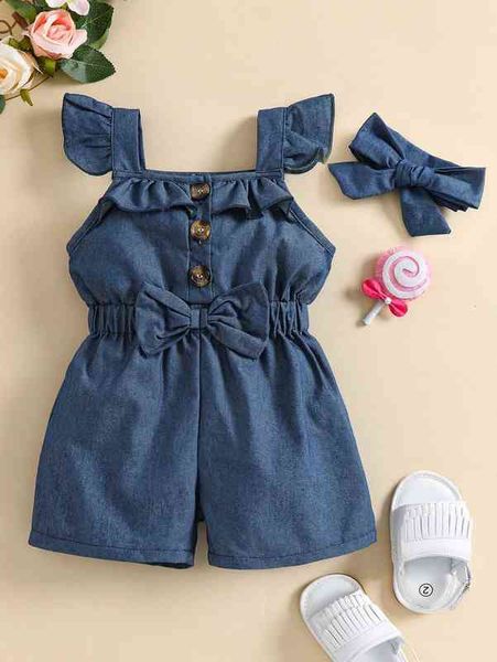 

baby ruffle trim bow front romper with headband she, Blue