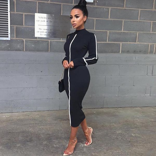 

casual dresses fnoce 2021 autumn women's fashion solid long sleeve turtleneck slim tight bag hip elegant mid-calf dress, Black;gray