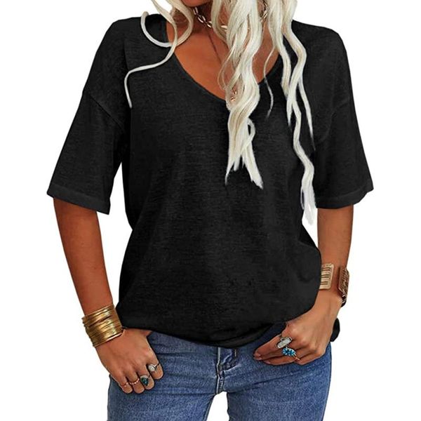 

women's blouses & shirts solid color blouse elegant loose basic women short sleeve v-neck casual for plus size femme blusas 40#, White