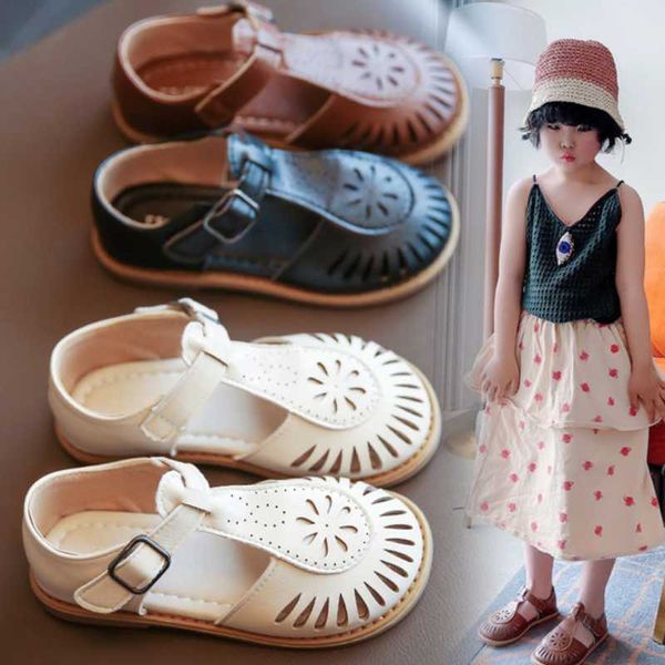 

girls sandals kids summer shoes arrival 2021 closed toe hollow princess children fashion leather girl csh1059 slipper, Black;grey