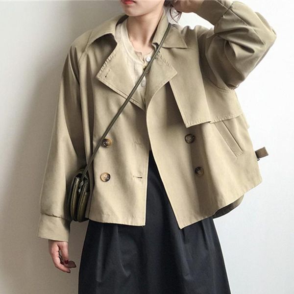 

women's trench coats yocalor 2021 autumn winter women windbreaker casual vintage pockets outerwear oversize short basic jackets, Tan;black