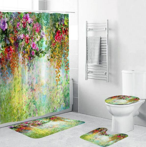 

colorful flowers 3d print shower curtain set bath mats rugs durable waterproof bathroom curtains pedestal rug lid toilet cover
