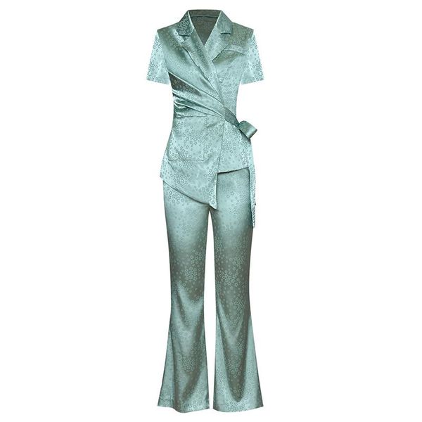 

office work suit set metallic turquoise / champagne jacquard floral blazer women's irregular + flared pants long trousers two piece dre, White