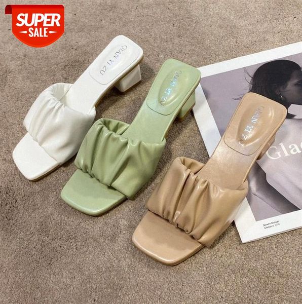 

women's sandals and slippers, pleated upper face, fashionable, one-line korean style, medium heel, daily solid color #yd6c, Black