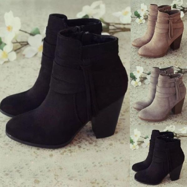 

boots women ankle winter 2021 fashion suede leather high heel ladies shoes for drop, Black