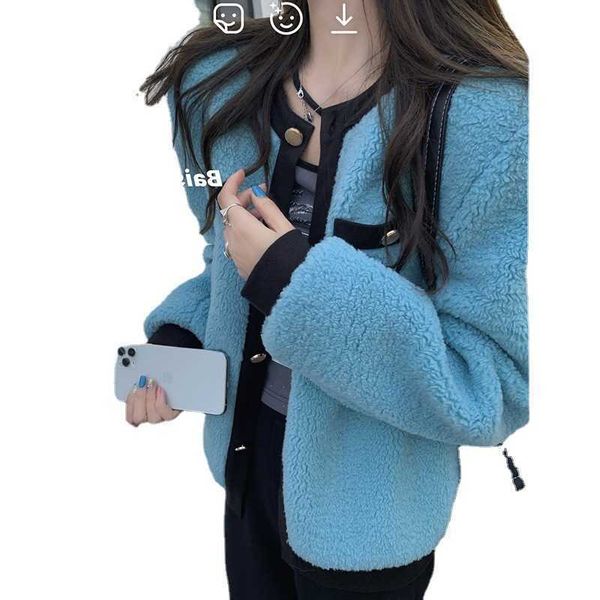 

2021 color contrast long sleeve coat women's early autumn small fragrance design plush thickened round neck short top, Black;brown