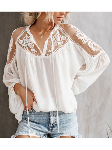 

summer blouse women's v-neck casual lace mesh stitching long sleeve perspective ruched blusas mujer de moda 2021 blouses & shirts, White