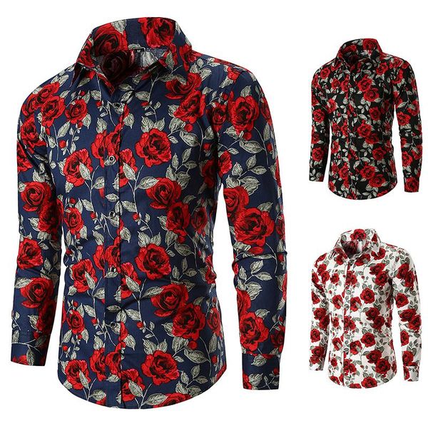 

spring autumn men slim floral print long sleeve shirts fashion brand party holiday casual dress flower shirt homme plus men's, White;black
