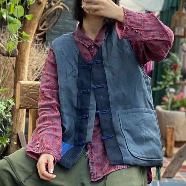 

johnature women vintage linen chinese style patchwork vests coats sleeveless v-neck winter pockets female vests 210521, White