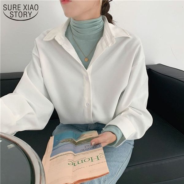 

autumn korean lapel solid vintage blouse women long sleeve loose plus size white blusa mujer femme 11188 210508