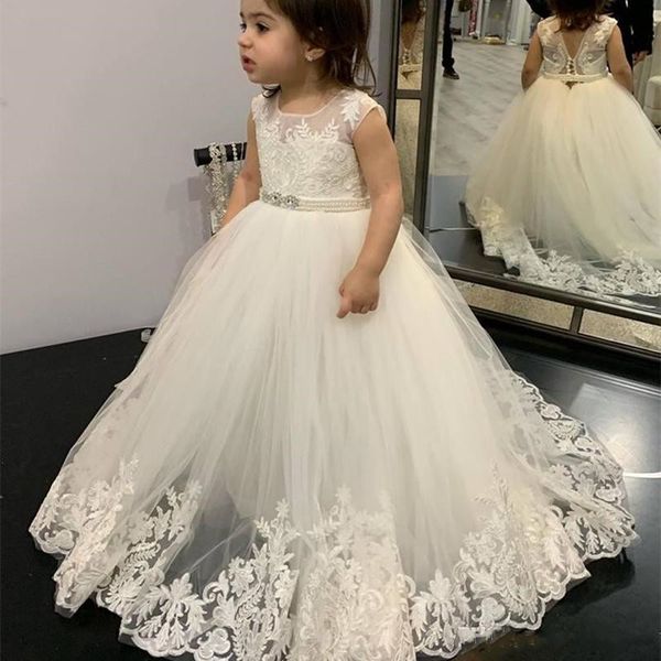 Abiti da bambina a fiore bianco piccoli Abiti da cerimonia per bambini da principessa in pizzo vintage con lunghezza al pavimento