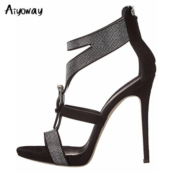 

peep toe high heels sandals aiyoway spring women cover buckle strap crystal ladies wedding party shoes black white