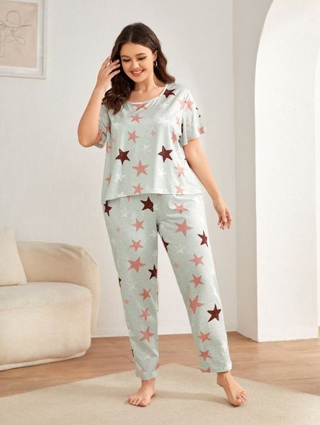 

plus star print tee & pants pj set w5vw#, Black;white