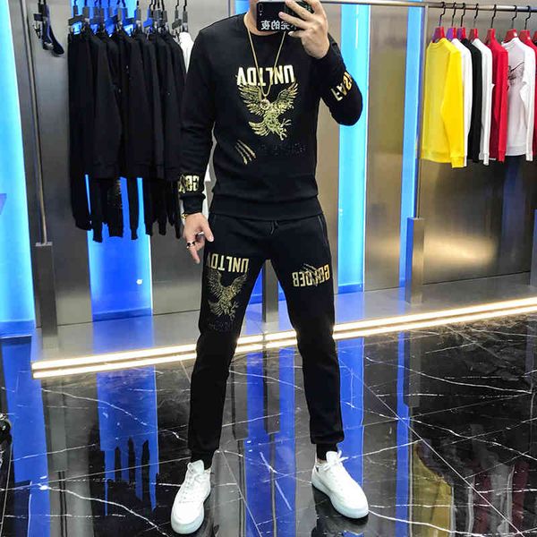 

hoodies young fashion wanghong autumn personality eagle two male suit, Black