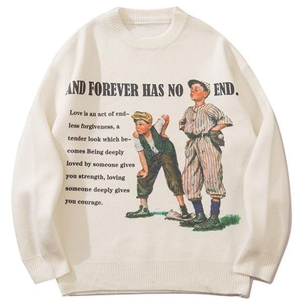 

men's sweaters men letter characters woman preppy japan harajuku loose knit all-match pullover couple simple round neck sweater, White;black