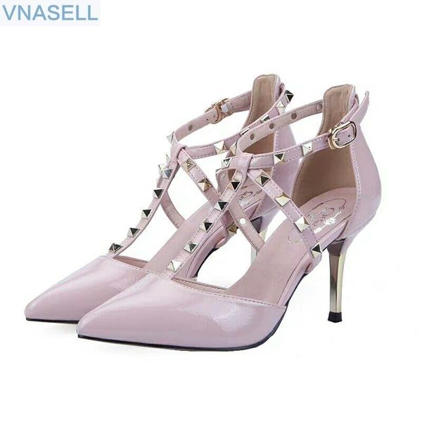 

spring summer style pointed slim heel fashion hollowed shallow mouth rivet ribbed roman women sandals dress shoes, Black