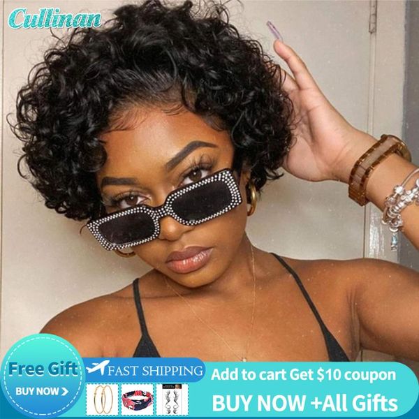 

lace wigs short pixie cut wig human hair curly swiss brazilian natural black remy pre-plucked hairline cullinan, Black;brown