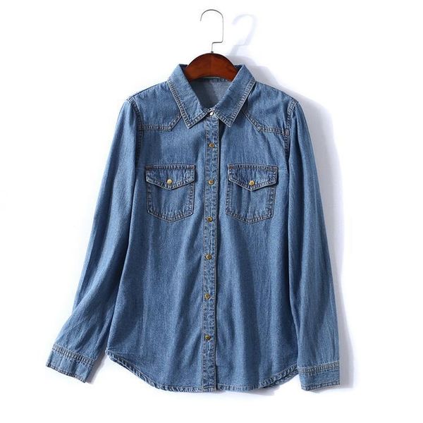 

women shirts autumn denim jeans shirt with causal washed blouse female chemise femme, White