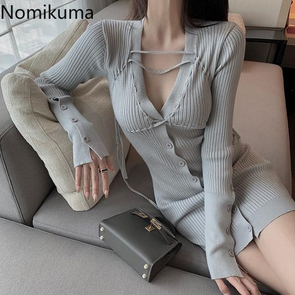 

casual dresses nomikuma 2021 autumn winter elegant sweater dress korean single breasted slim cross lace up v-neck knitted vestido 6d751, Black;gray