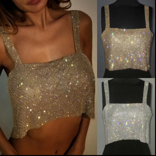 

adjustable tees women cami club party tank metal mesh strap sheath draped spark diamonds neck halter backless pullover, White