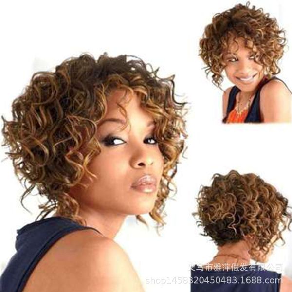 

short curly wig women's fluffy small wave chemical fiber hair, Black;brown