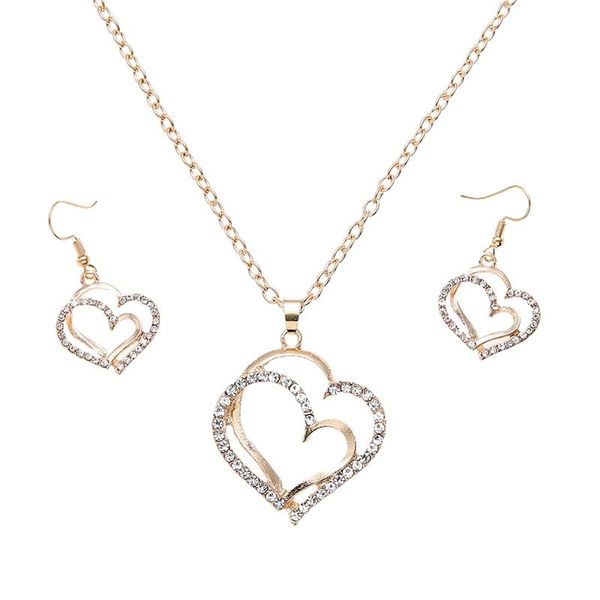 

earrings & necklace 2021 fashion double love shiny reinstone crystal golden set romantic women's jewelry heart shaped, Silver