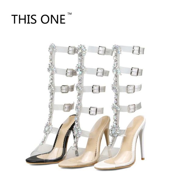 

pvc transparent gladiator sandals woman open toe t-strap rhinestone diamond clear high heel shoes women summer boots dress, Black
