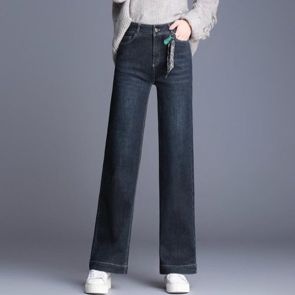 

women's jeans 2021 autumn winter office lady cotton thick plus velvet snow wear warm stretch female women girls wide leg pants 79310, Blue