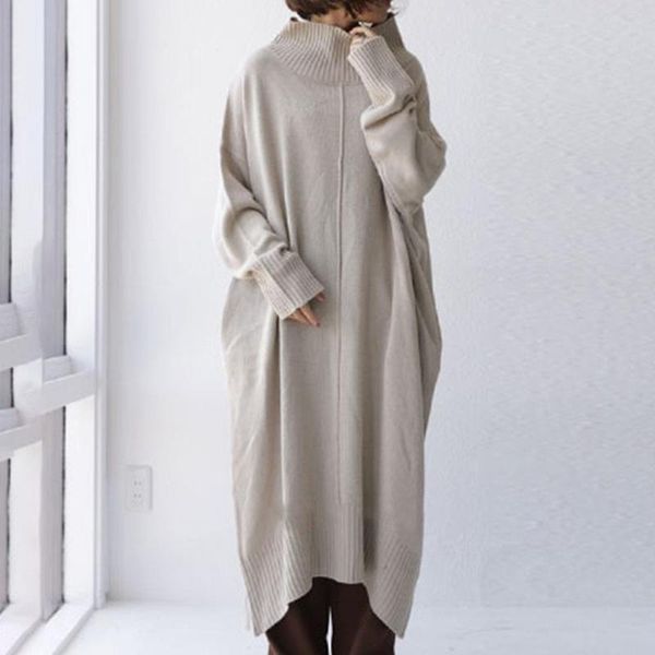 

casual dresses superaen 2021 autumn winter slim loose plus size medium and long turtleneck solid straight dress women, Black;gray