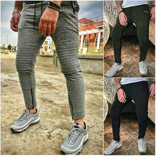 

fashion casual mens slim fit solid sports gym pants pockets jogging running trousers tracksuit sweatpants men's, Black