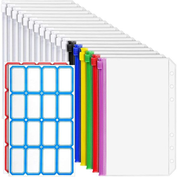 

gift wrap 18 pcs a6 binder pockets 6-ring zipper pouch for budget binder, waterproof plastic envelope folders bags