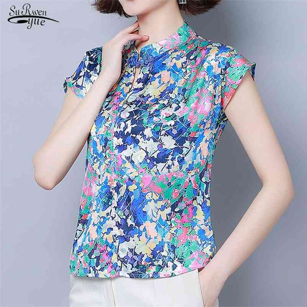 Primavera Estilo Verão Silk Manga Curta Floral Blusa Mulheres Blusas Plus Size Impresso Pullover Senhoras Camisa Slimming 8681 210521